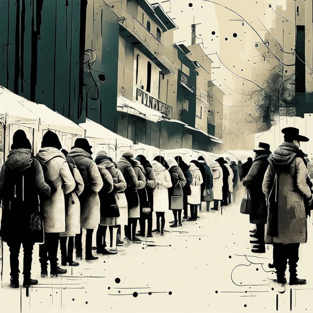 A semi-abstract image of men and women lining up to buy food in wintertime Romania