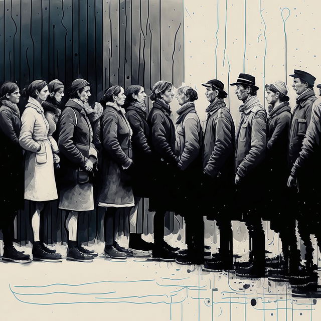 A semi-abstract image of men and women lining up to buy food in wintertime Romania, with crinkled textures and muted colors to evoke the harsh realities and struggles of the period