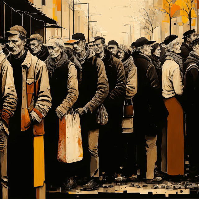 A semi-abstract depiction of men and women lining up to buy food in Romania, using muted earthy tones and a mix of realistic and abstract elements to convey emotions, resilience, and community spirit