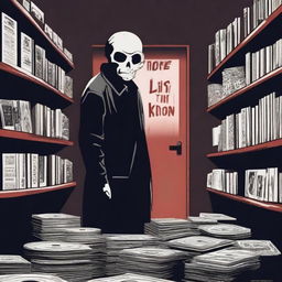 Create a horror movie poster titled 'On The List' featuring a dark, eerie record store