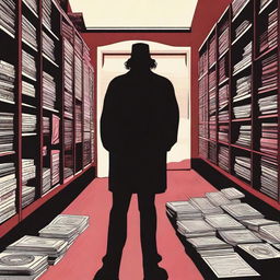 Create a horror movie poster titled 'On The List' featuring a dark, eerie record store