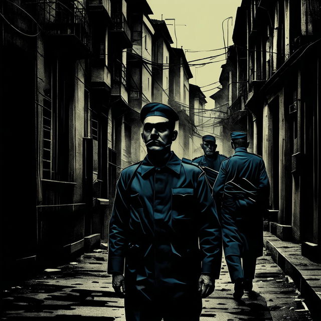 A semi-abstract image of Romania during the era of the Securitate secret police, featuring shadowy figures, old buildings, and dimly lit streets in a dark, muted color palette to evoke tension and fear