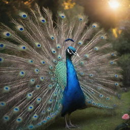 A magical peacock with iridescent plumage, standing in a luxuriant garden at sunset