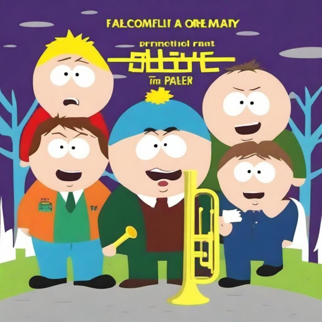 Create an album cover for a trombone quintet in the style of South Park