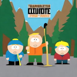 Create an album cover for a trombone quintet in the style of South Park