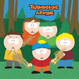 Create an album cover for a trombone quintet in the style of South Park