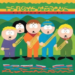 Create an album cover for a trombone quintet in the style of South Park