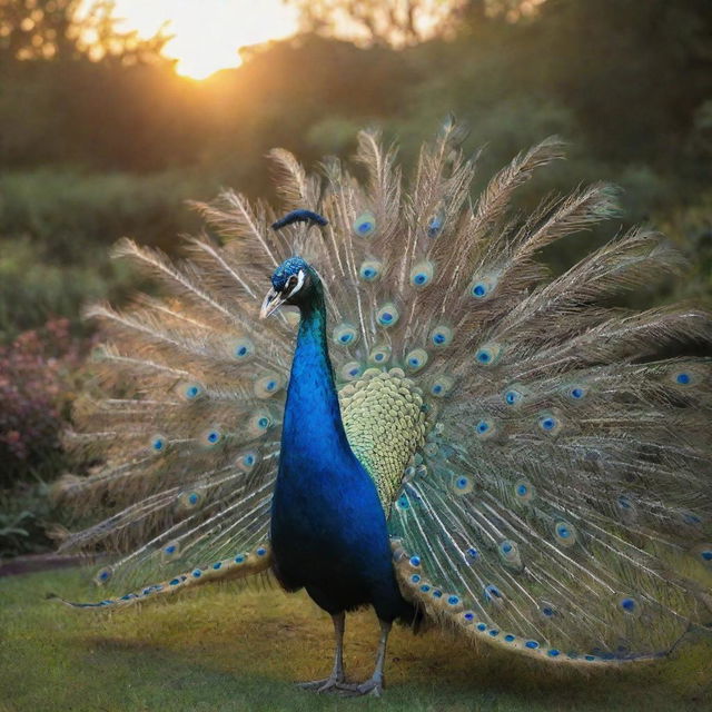 A magical peacock with iridescent plumage, standing in a luxuriant garden at sunset