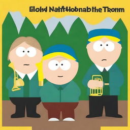 Create an album cover for a female trombone quintet titled 'The Blow Hards' in the style of South Park