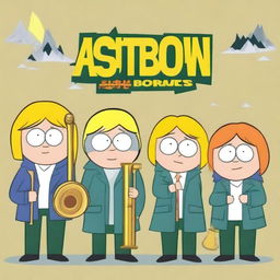 Create an album cover for a female trombone quintet titled 'The Blow Hards' in the style of South Park