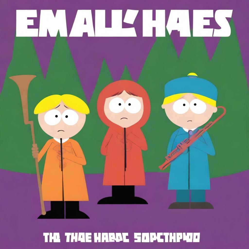 Create an album cover for a female trombone quintet titled 'The Blow Hards' in the style of South Park