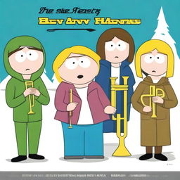 Create an album cover for a female trombone quintet titled 'The Blow Hards' in the style of South Park