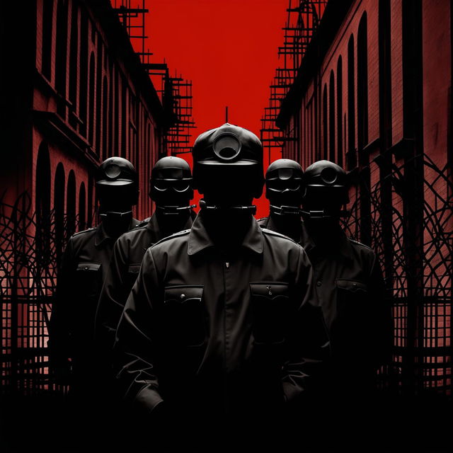 A symbolic depiction of Romania's Securitate secret police, using dark, muted colors and symbolic elements like eyes, cameras, and faceless figures to convey surveillance, control, and fear
