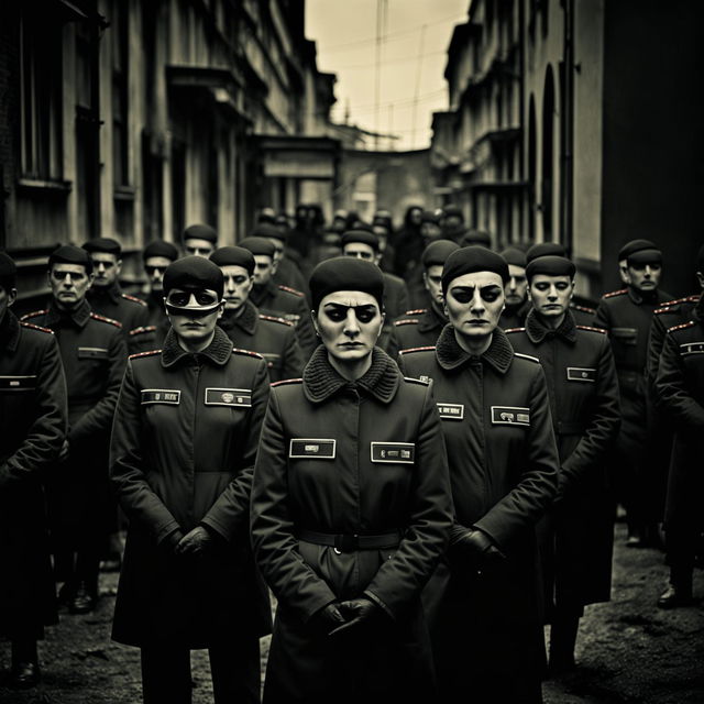 A symbolic image of Romania's Securitate secret police, featuring dark colors, eyes, cameras, shadowy figures, and Communist-era architecture to evoke themes of surveillance, control, and fear