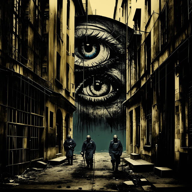 A symbolic depiction of Romania under the surveillance of the Securitate, featuring eyes or cameras, shadowy figures, and urban elements in a dark, muted palette to evoke fear and tension