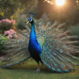 A magical peacock with iridescent plumage, standing in a luxuriant garden at sunset