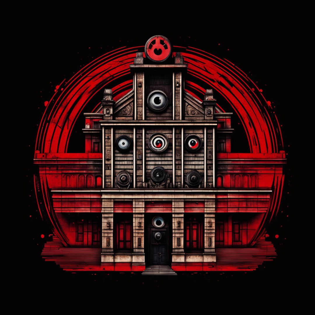 A symbolic representation of a Romanian building associated with the Securitate, featuring dark colors, eyes, cameras, shadowy figures, and traditional motifs to evoke surveillance and control