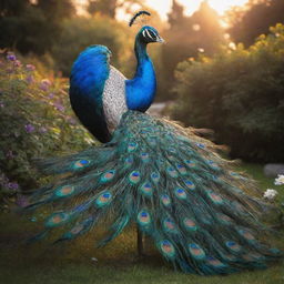 A magical peacock with iridescent plumage, standing in a luxuriant garden at sunset