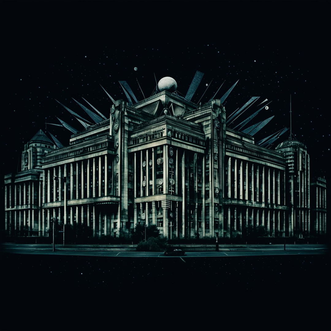 An image capturing the essence of Romania's Securitate era, featuring an imposing building with symbolic elements of spying and surveillance, and an ominous, abstract background