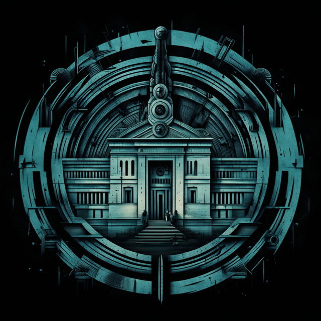 An abstract, symbolic image of Romania during the Securitate era, featuring an imposing headquarters building, elements of spying and surveillance, and a dark, moody color palette to evoke secrecy and tension