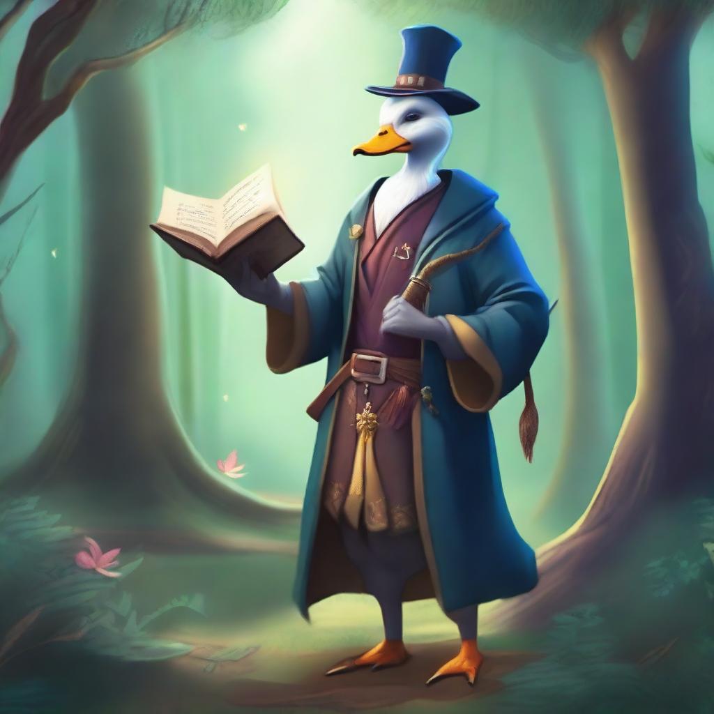 A male Aarakocra duck sorcerer dressed in fine clothes, holding a staff and his spellbook