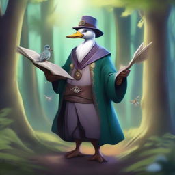 A male Aarakocra duck sorcerer dressed in fine clothes, holding a staff and his spellbook