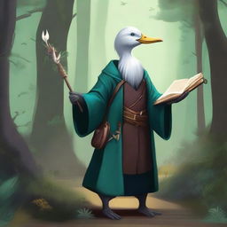 A male Aarakocra duck sorcerer dressed in fine clothes, holding a staff and his spellbook