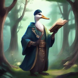 A male Aarakocra duck sorcerer dressed in fine clothes, holding a staff and his spellbook