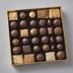 A mouthwatering spread of assorted luxury chocolates, adorned with intricate designs and nestled in a lavish box.