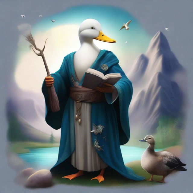 A male duck sorcerer, dressed in mystical robes, holding a magical staff and a spellbook