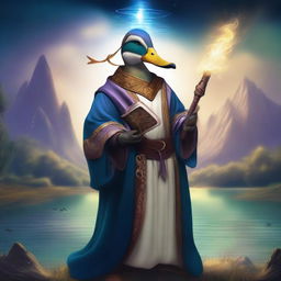 A male duck sorcerer, dressed in mystical robes, holding a magical staff and a spellbook