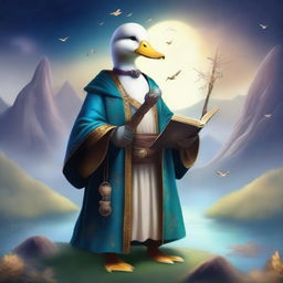 A male duck sorcerer, dressed in mystical robes, holding a magical staff and a spellbook