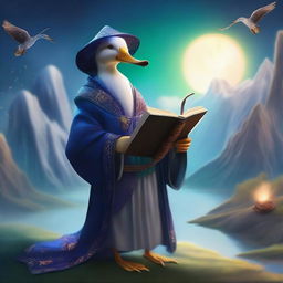 A male duck sorcerer, dressed in mystical robes, holding a magical staff and a spellbook