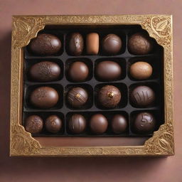 A mouthwatering spread of assorted luxury chocolates, adorned with intricate designs and nestled in a lavish box.