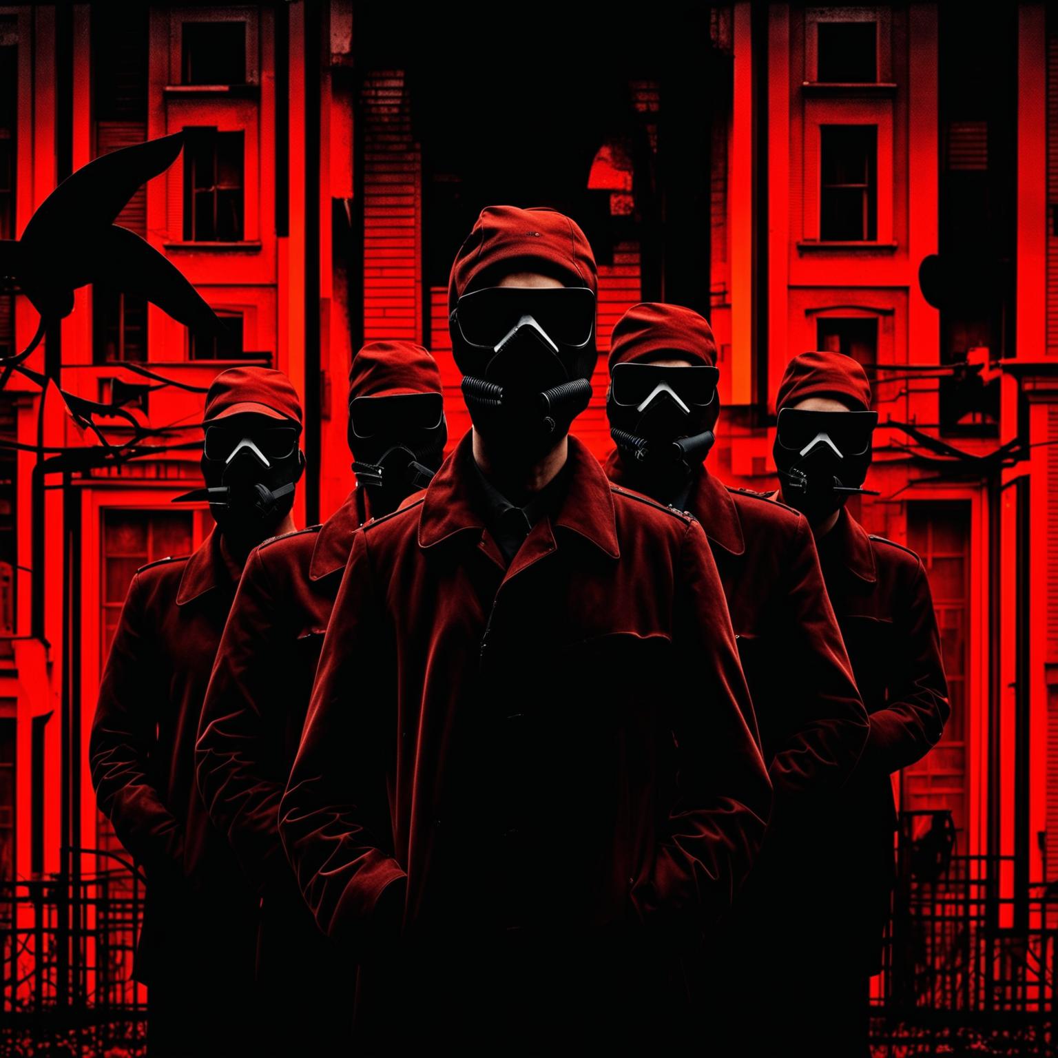 A symbolic image representing the Securitate's spying and surveillance in Communist Romania, featuring dark colors, eyes, cameras, shadowy figures, and Romanian architecture to evoke fear and oppression