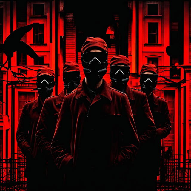 A symbolic image representing the Securitate's spying and surveillance in Communist Romania, featuring dark colors, eyes, cameras, shadowy figures, and Romanian architecture to evoke fear and oppression