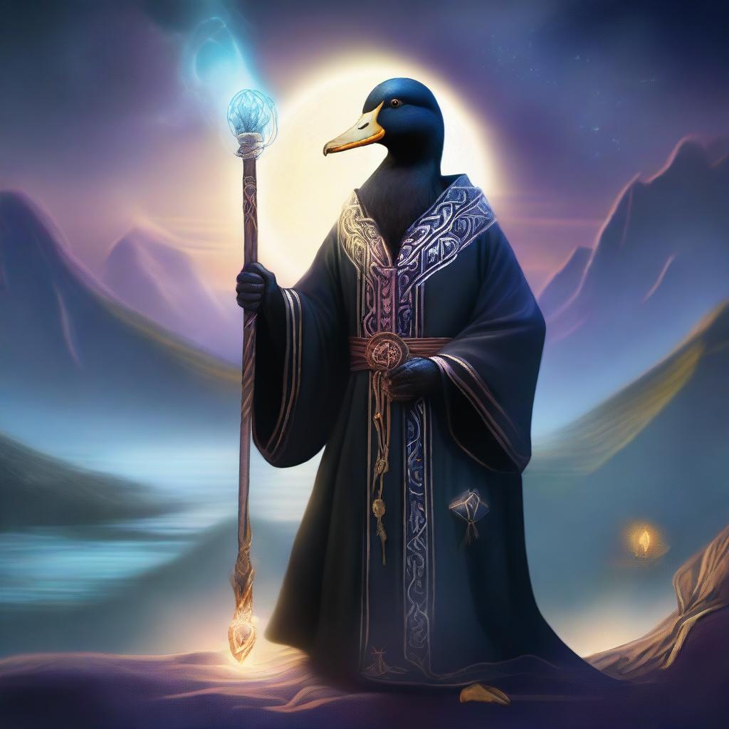 A male black duck sorcerer dressed in enchanted robes, holding an epic staff with glowing runes