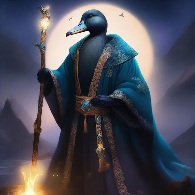 A male black duck sorcerer dressed in enchanted robes, holding an epic staff with glowing runes