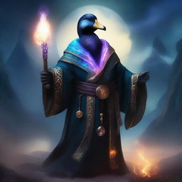 A male black duck sorcerer dressed in enchanted robes, holding an epic staff with glowing runes