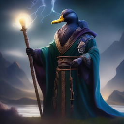 A male black duck sorcerer dressed in enchanted robes, holding an epic staff with glowing runes