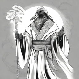 A sketch of a male black duck sorcerer dressed in enchanted robes, holding an epic staff with glowing runes