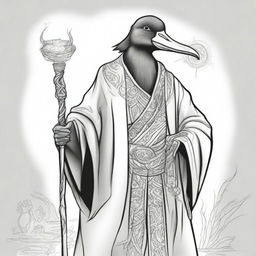 A sketch of a male black duck sorcerer dressed in enchanted robes, holding an epic staff with glowing runes