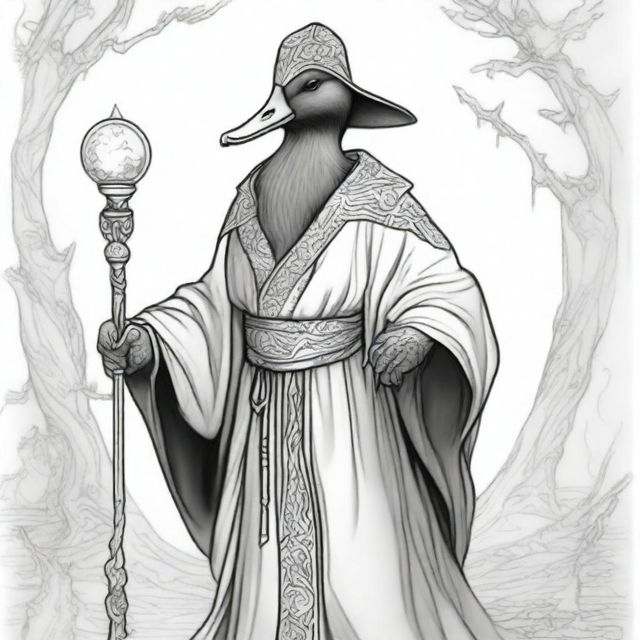 A sketch of a male black duck sorcerer dressed in enchanted robes, holding an epic staff with glowing runes