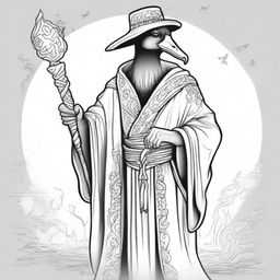 A sketch of a male black duck sorcerer dressed in enchanted robes, holding an epic staff with glowing runes