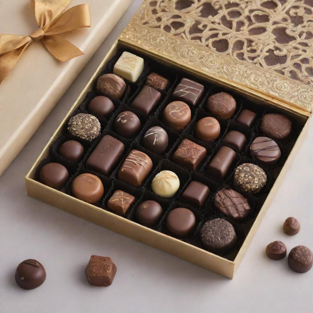 A mouthwatering spread of assorted luxury chocolates, adorned with intricate designs and nestled in a lavish box.