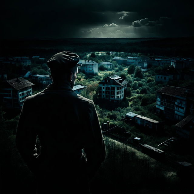 A dark, symbolic image representing Securitate spying in Romania, featuring eyes in shadows, old surveillance equipment, hidden microphones, and a blend of urban and rural landscapes with historical landmarks