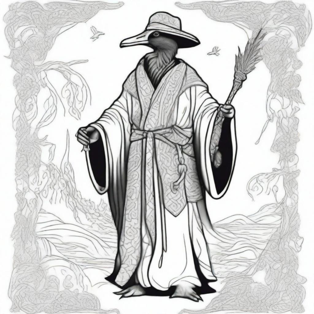 A sketch of a male black duck sorcerer dressed in enchanted robes, holding a legendary staff with intricate designs