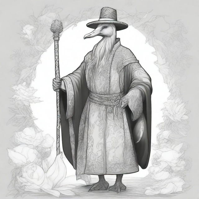 A sketch of a male black duck sorcerer dressed in enchanted robes, holding a legendary staff with intricate designs