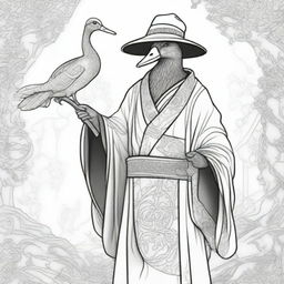 A sketch of a male black duck sorcerer dressed in enchanted robes, holding a legendary staff with intricate designs