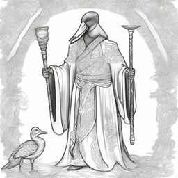 A sketch of a male black duck sorcerer dressed in enchanted robes, holding a legendary staff with intricate designs